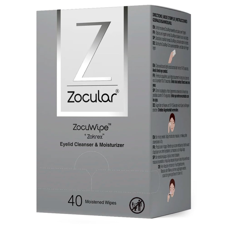 Zocular Zocuwipe front packaging showing product name and count, quick identification benefit