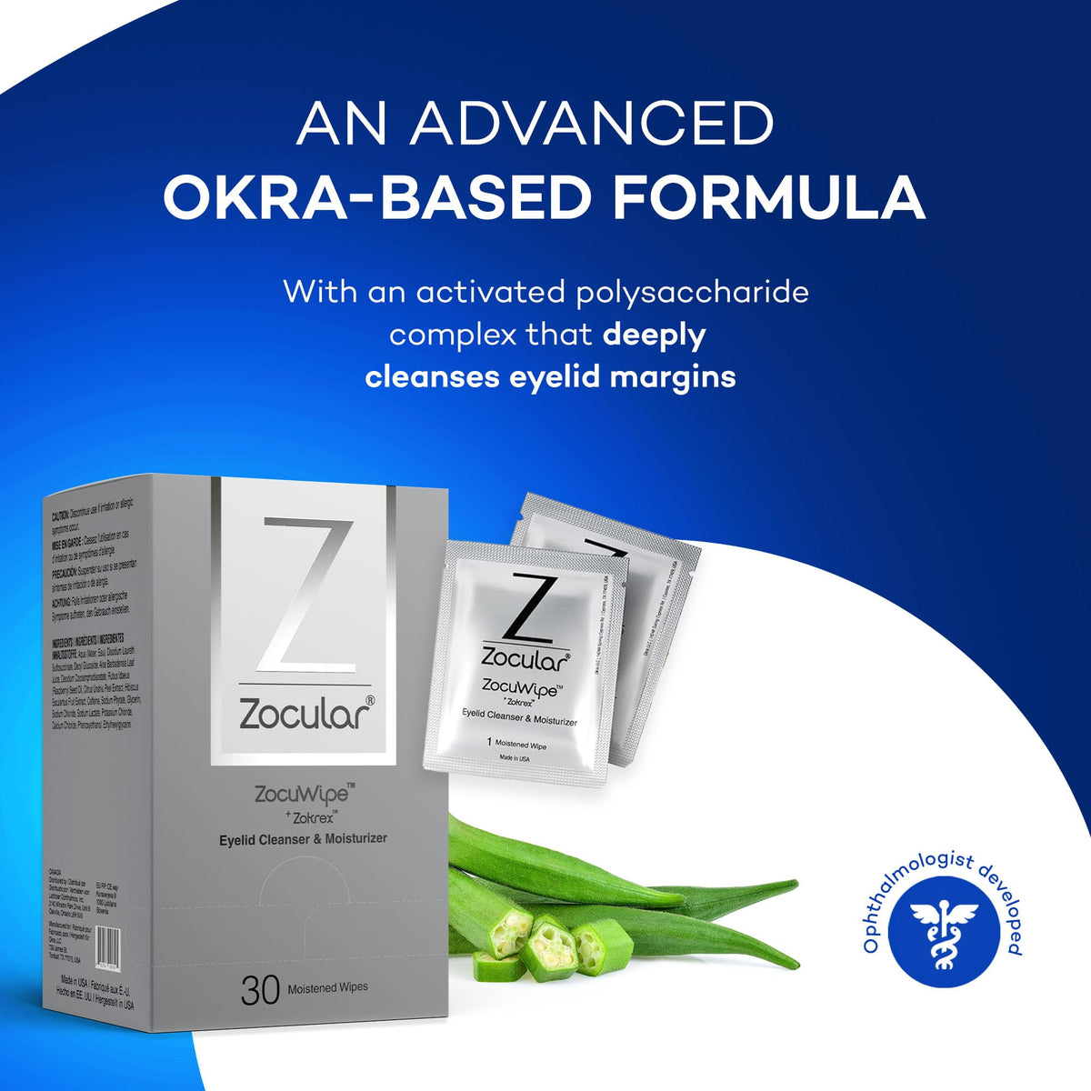 Hand holding a Zocular Zocuwipe pad ready to use, demonstrates easy one-step application benefit