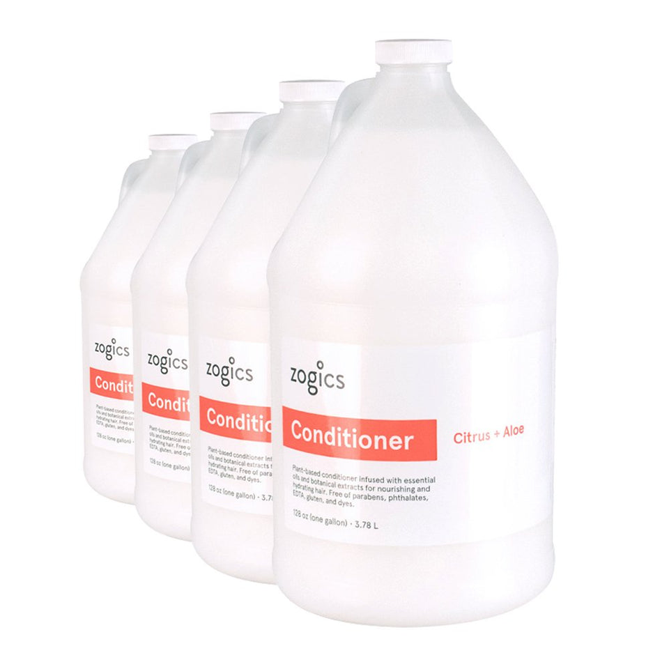 Zogics conditioner front view showing gallon container and branding, easy storage benefit