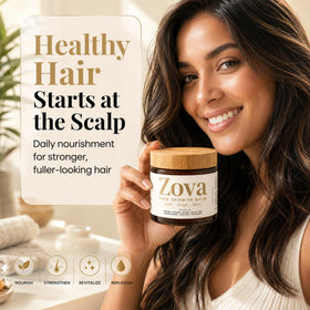 Zova Growth applied during scalp massage to show soothing and hydrating benefit