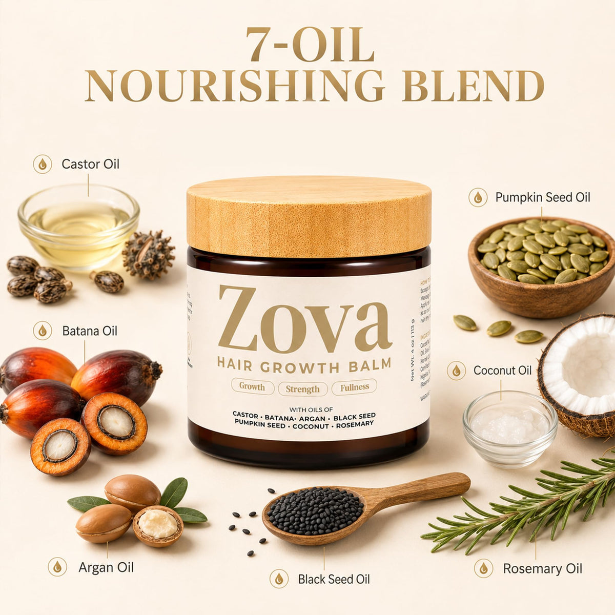 Zova Growth ingredients flatlay highlighting natural oils and conditioning benefit