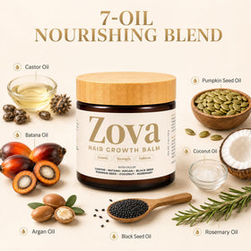 Zova Growth ingredients flatlay highlighting natural oils and conditioning benefit