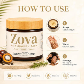 Zova Growth open jar next to coin for size comparison and travel-friendly benefit