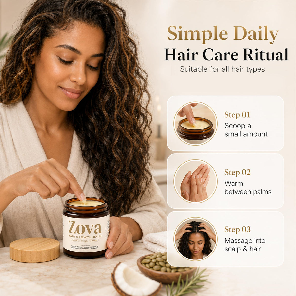 Zova Growth on braided hair in lifestyle setting showing moisture retention benefit