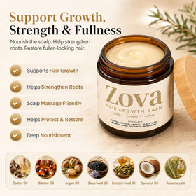 Zova Growth texture close-up of solid balm melting, showing smooth application benefit