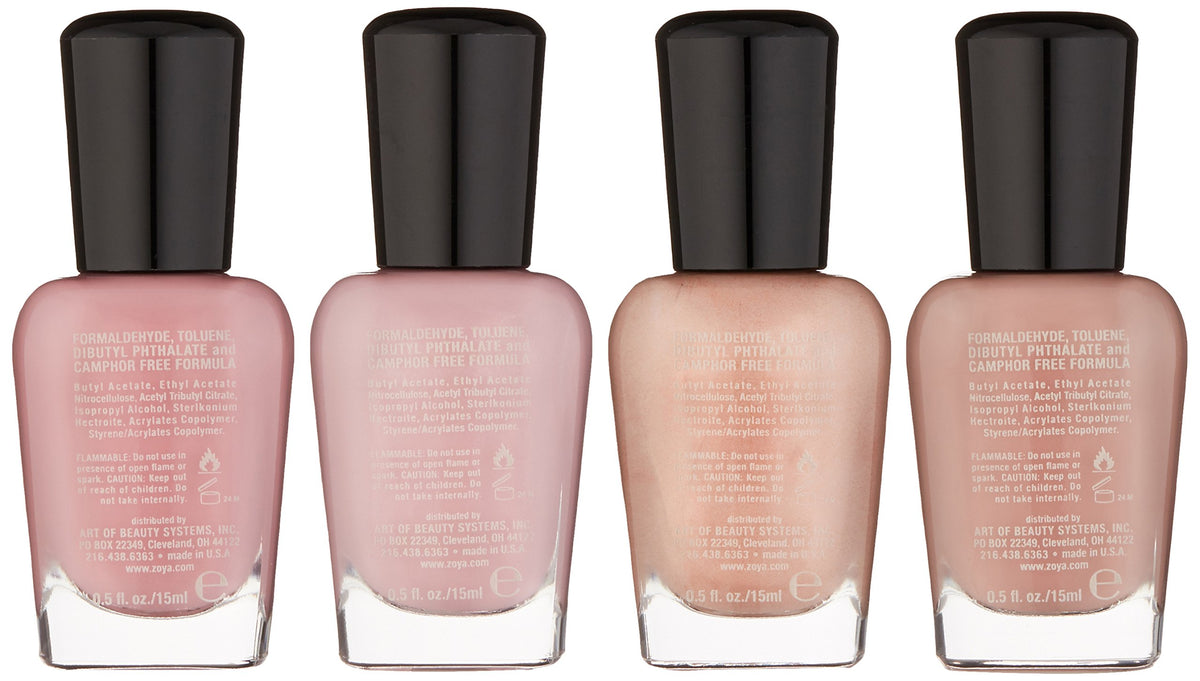 ZOYA close-up of the four 0.5 oz polish bottles showing label details and color