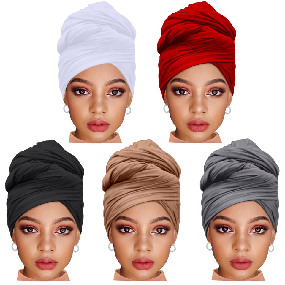 ZRQ front view of five-piece headwrap set showing colors and neat packaging benefit
