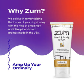 Zum bottle beside a hand for size comparison and portability benefit