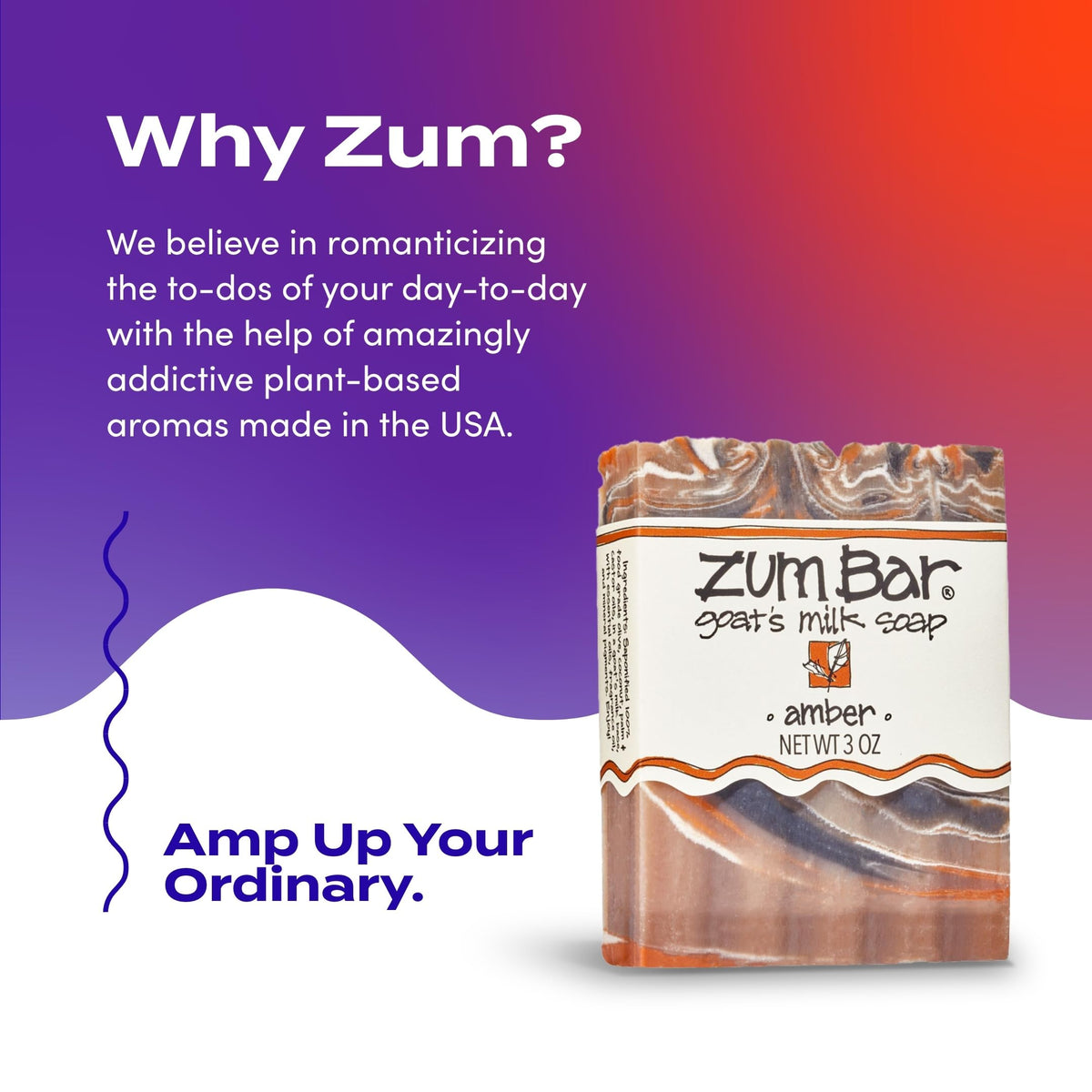 Zum Amber bar on bathroom shelf styled to suggest warm, calming scent