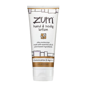 Zum bottle front showing frankincense myrrh scent and elegant packaging benefit hydration