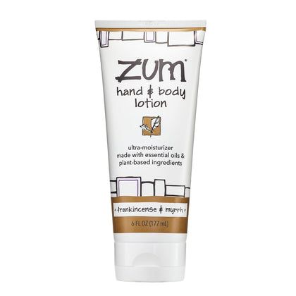 Zum bottle front showing frankincense myrrh scent and elegant packaging benefit hydration