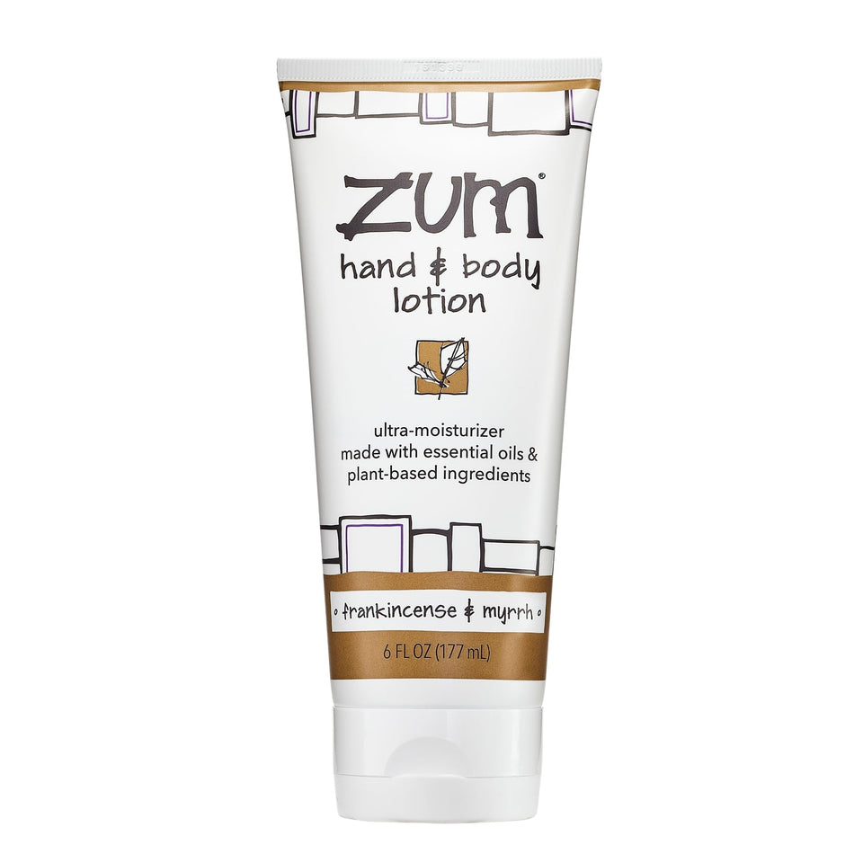 Zum bottle front showing frankincense myrrh scent and elegant packaging benefit hydration