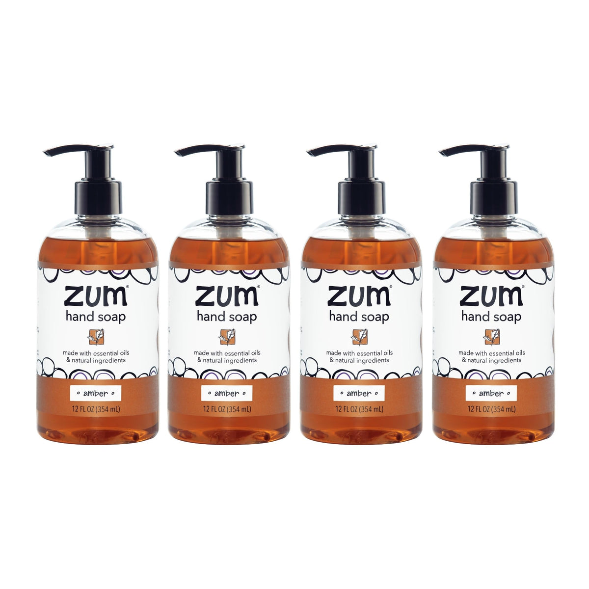 Zum front packaging showing four amber soap bottles and convenient pump access