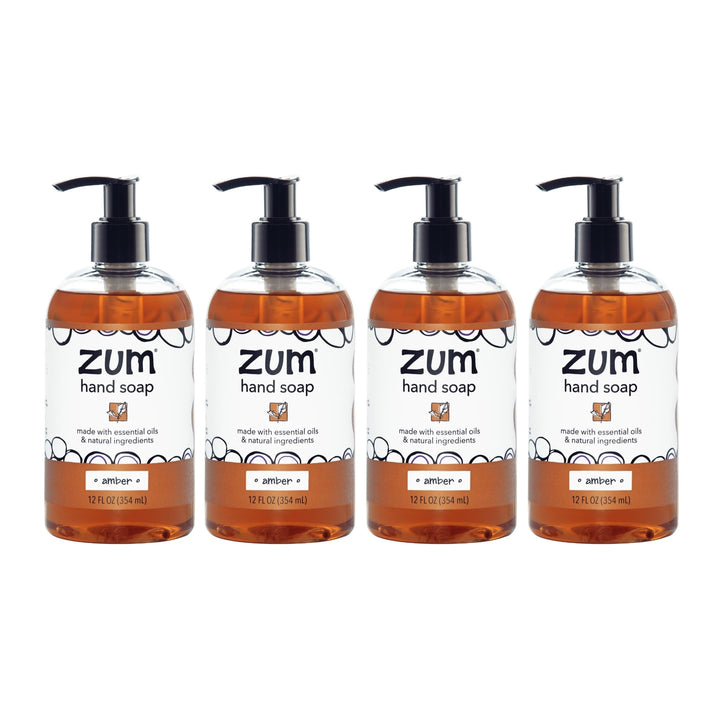 Zum front packaging showing four amber soap bottles and convenient pump access