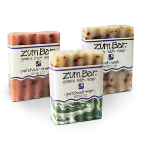 Zum front packaging showing patchouli soap bar and benefits