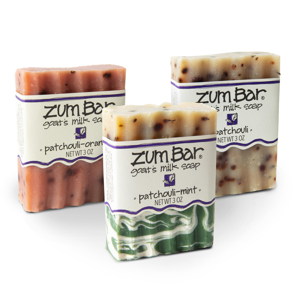 Zum front packaging showing patchouli soap bar and benefits