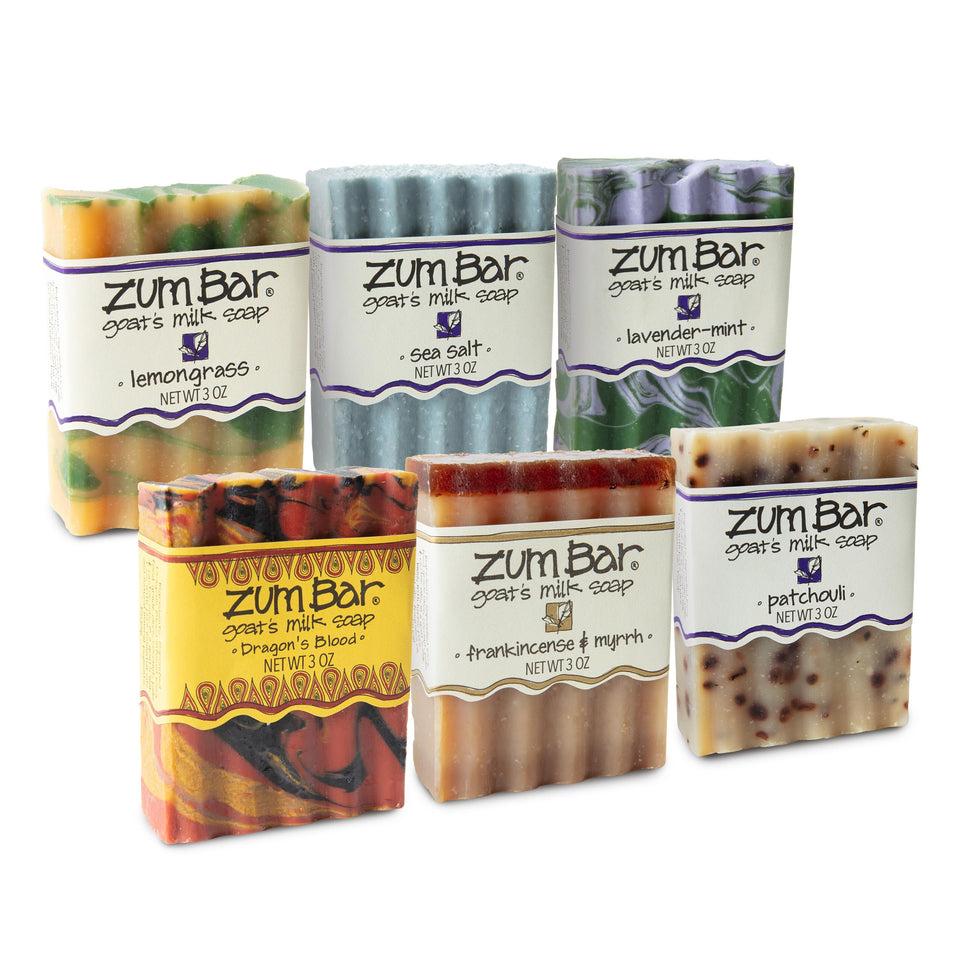 Zum six-pack front packaging showing all six scent labels and natural look