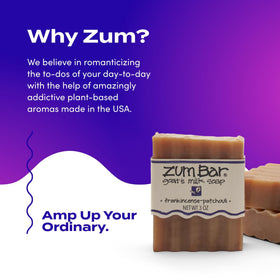 Zum soap beside hand for size comparison showing travel-friendly portion