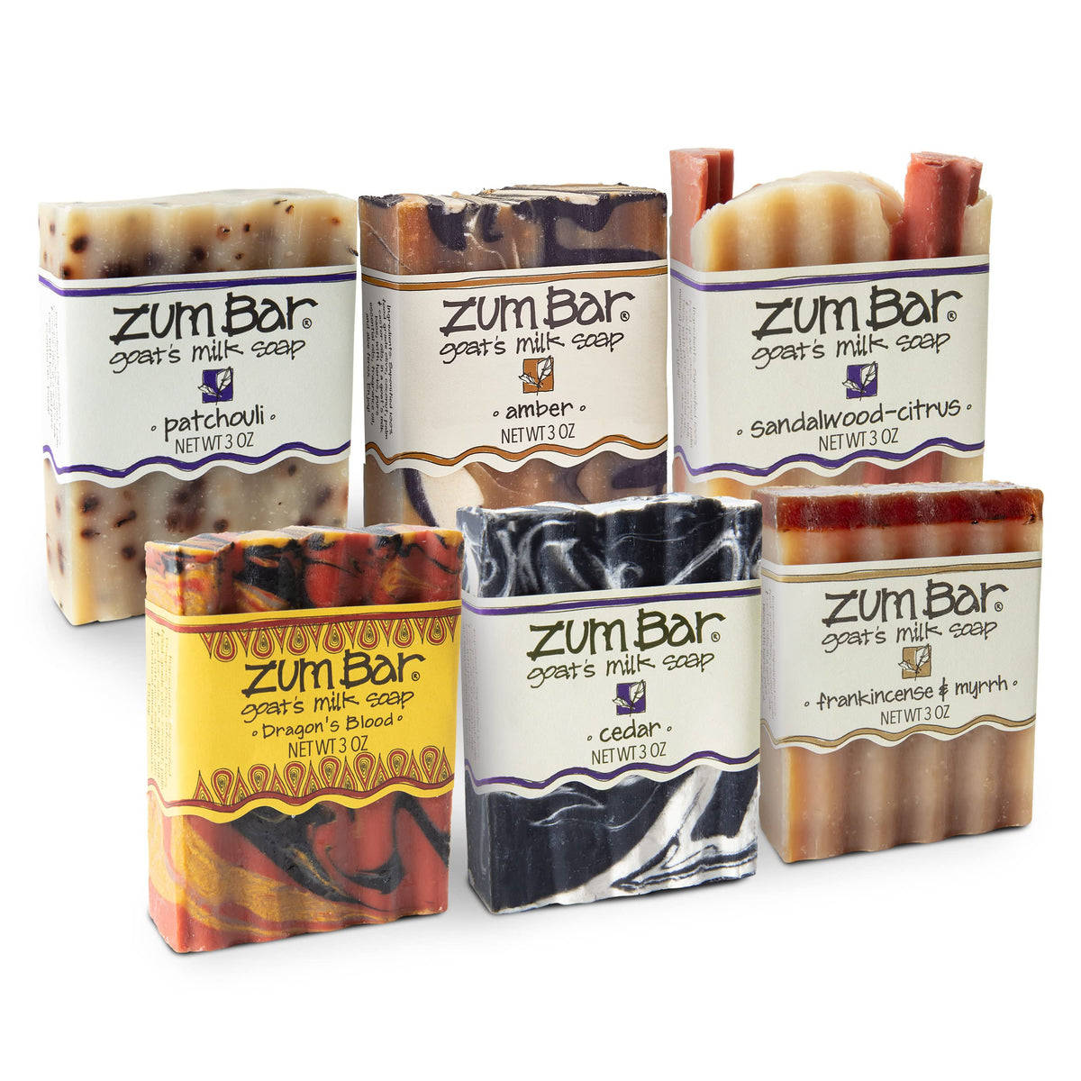 Zum Indigo Wild front packaging showing six sultry soap bars for variety