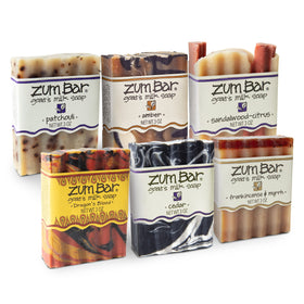 Zum Indigo Wild front packaging showing six sultry soap bars for variety
