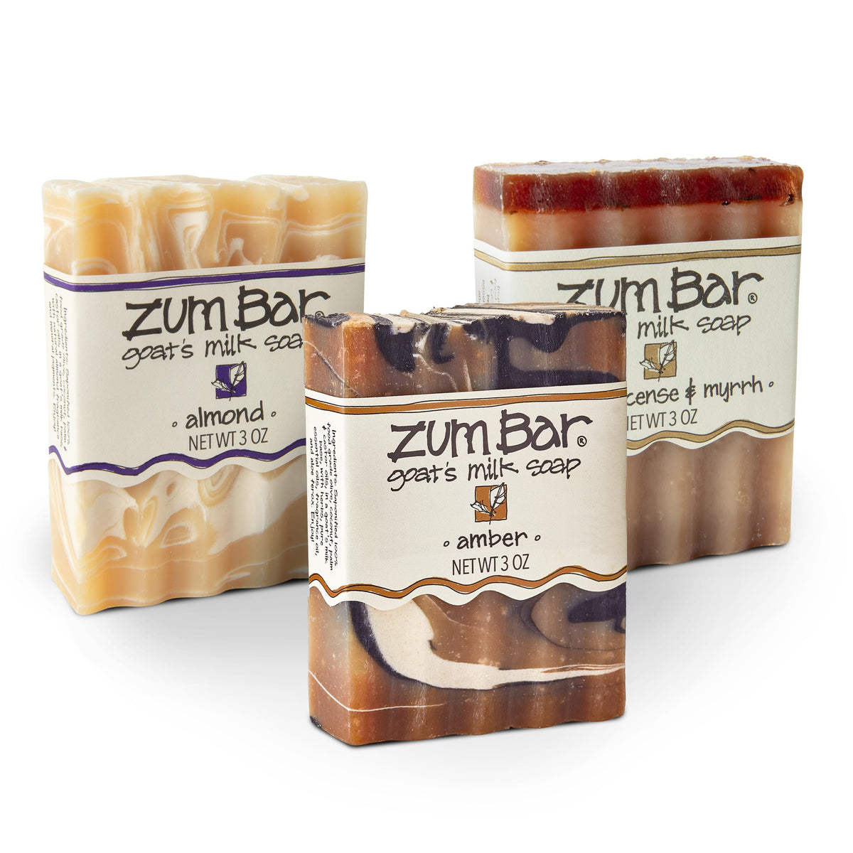 Zum Indigo Wild front packaging showing three sweet-blend bars and scent names