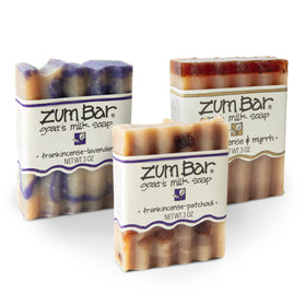 Zum Indigo Wild front packaging showing three 3 oz bars and frankincense scent benefit