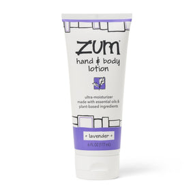 Zum front packaging showing bottle and lavender scent, highlights portability benefit
