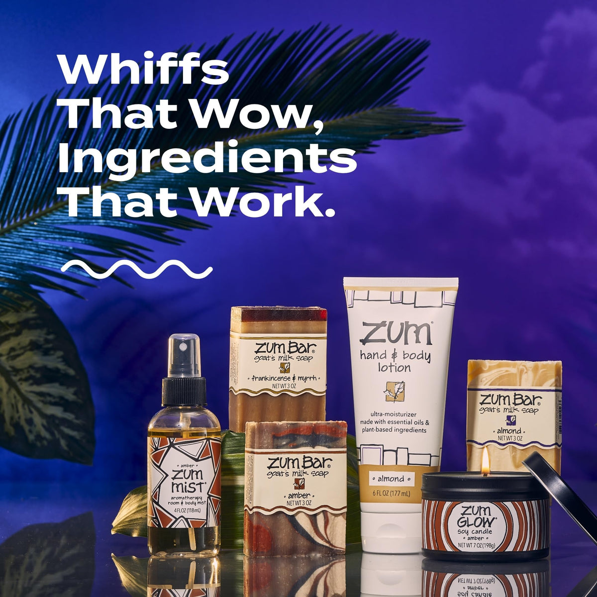 Zum Indigo Wild six scent bars arranged on tray showing variety-of-scents benefit