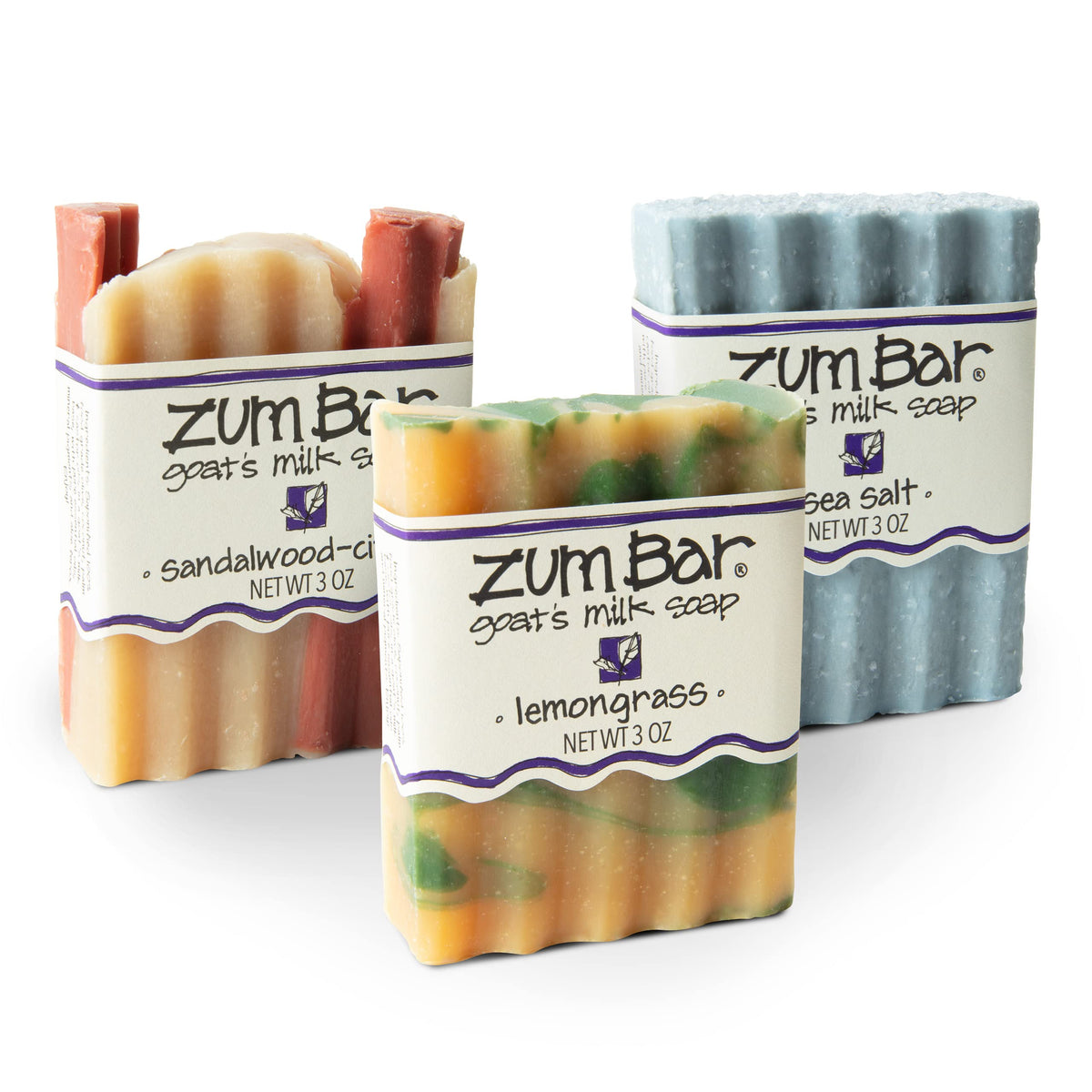 Zum Indigo Wild three-pack front packaging showing citrus soap set and benefits