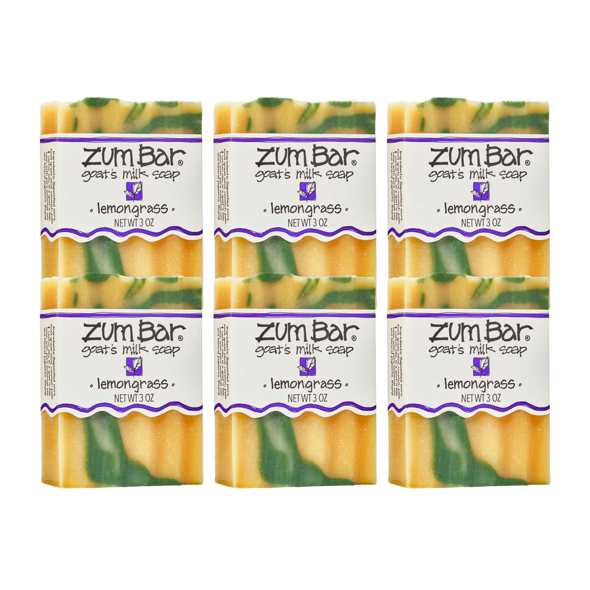 Zum lemongrass front packaging showing six 3 oz bars and bright label benefit: clear presentation