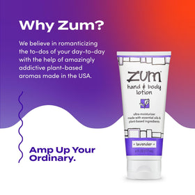 Zum lotion on bathroom shelf in use setting, suggests everyday convenience
