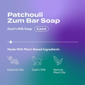 Zum patchouli soap label close-up highlighting ingredients and cold-processed benefit