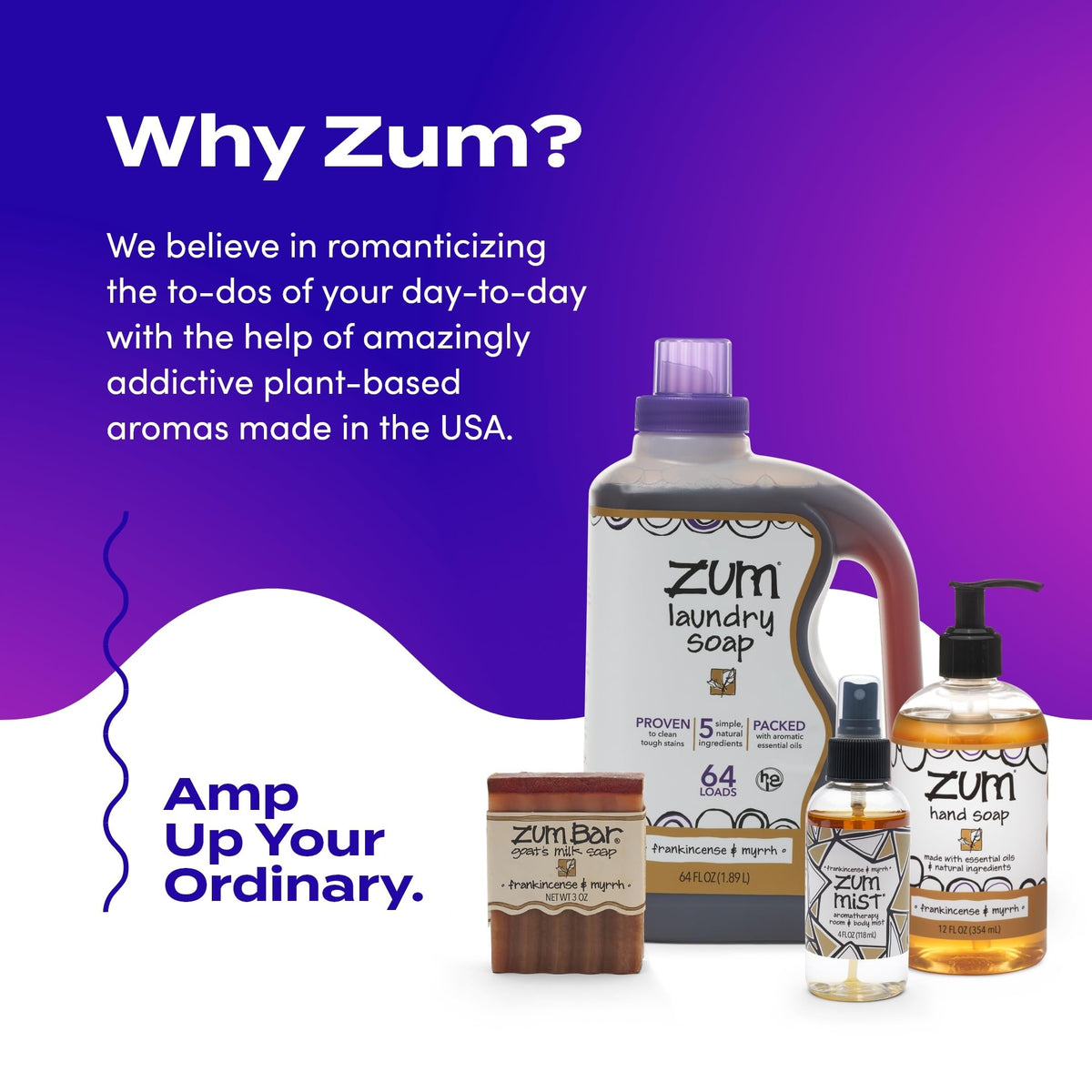 Zum products grouped on bathroom shelf illustrating cohesive scent and neat storage
