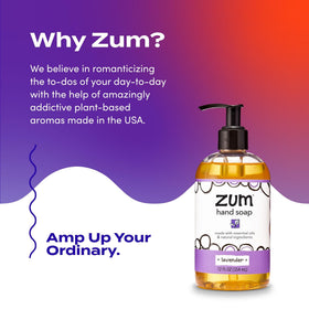 Zum 12 oz bottle beside a hand to illustrate actual size and pump ease